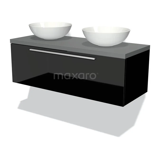 Black floating bathroom unit with double white countertop wash basin, high-gloss finish and modern stainless steel handle.