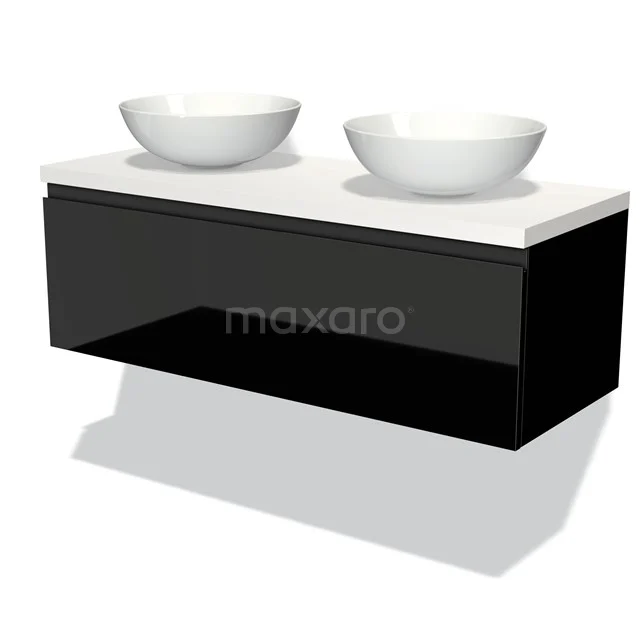 Black bathroom unit with two white countertop washbasins, high-gloss design, suitable for modern bathrooms.
