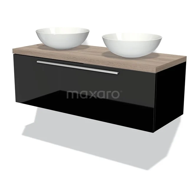 Black bathroom furniture set with wood-look worktop and two round white countertop wash basins, modern design for a stylish bathroom.