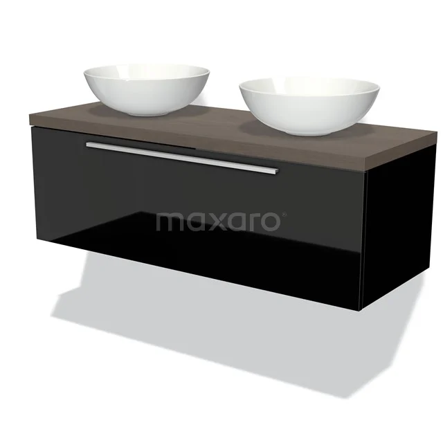 Modulo Plato Badmöbel mit Aufsatzwaschbecken | 120 cm Hochglanz Schwarz Flach front Dunkelbraune Eiche blatt 1 Schublade BMK11-01053 Schwarz schwebendes Badmöbel mit Doppelwaschbecken, Holzlook Platte und moderner Verarbeitung, ideal für ein stilvolles Badezimmer.