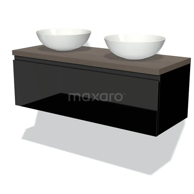 Modulo Plato Vanity units for countertop basin | 120 cm High-gloss black Handle-less front Dark brown oak worktop 1 drawer BMK11-01055 Floating black bathroom furniture set with two white surface-mounted bowls and a wood-coloured worktop, perfect for a modern bathroom.
