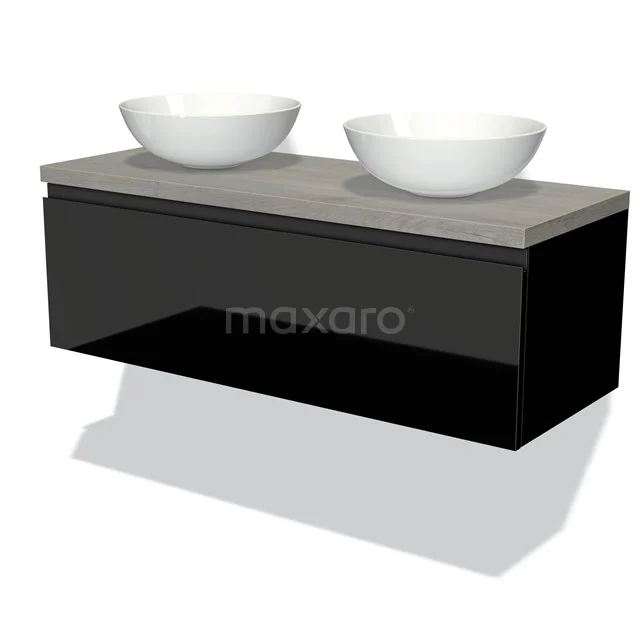 Black floating vanity unit with double white countertop wash basins and grey concrete worktop, modern design for bathroom.