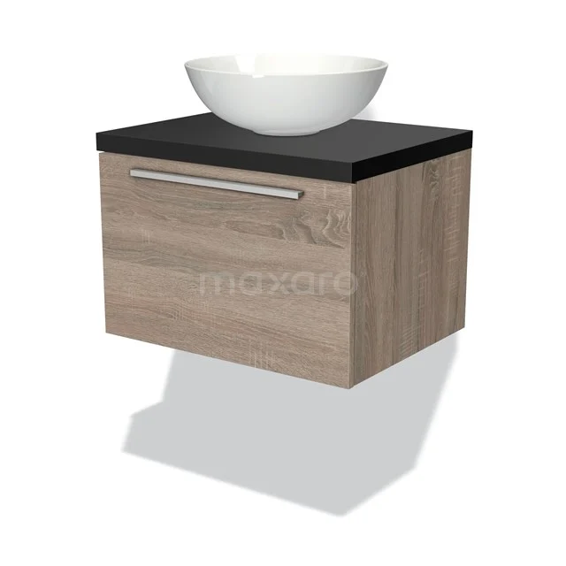 Holz schwebender Badschrank mit schwarzer Oberplatte und weißem Aufsatzwaschbecken, ideale kompakte Lösung für moderne Bäder.