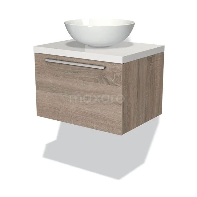 Holz Badezimmermöbel mit Eiche-Look, weiße keramische Aufbauschüssel und Schublade mit metallischem Haltegriff, kompaktes und modernes Design.