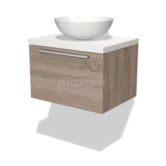 Wandhängendes Badezimmermöbel in Eicheholzoptik mit weißem Aufsatzwaschbecken, modernem Design und integriertem Haltegriff.