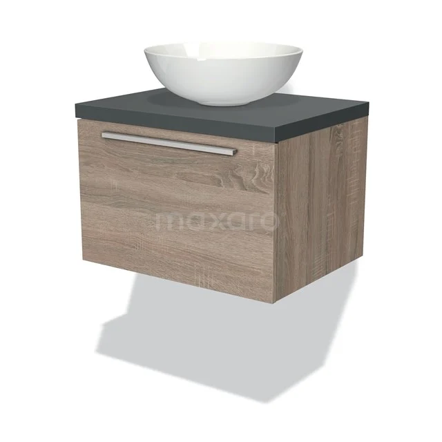 Holz-Waschtisch mit hellbrauner Oberfläche, grauer Platte und weißem Aufsatzwaschbecken, ideal für ein modernes Badezimmer.