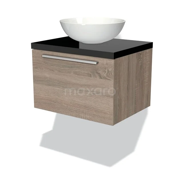 Modulo Plato Badmöbel mit Aufsatzwaschbecken | 60 cm Eiche Flach front Hochglanz Schwarz blatt 1 Schublade BMK11-01075 Holz-Badmöbel mit schwarzer Waschbeckenplatte und weißem Waschbecken, Wandmontage, modernes Design.