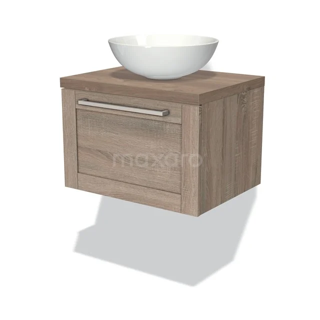 Modulo Plato Vanity units for countertop basin | 60 cm Oak Frame front Mid brown oak worktop 1 drawer BMK11-01082 Wooden vanity unit with drawers, natural oak look and round white bowl, modern design for a stylish bathroom.
