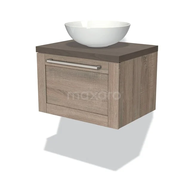 Wooden bathroom unit with hanging vanity units with basin, light oak design, one drawer and modern tap spout.