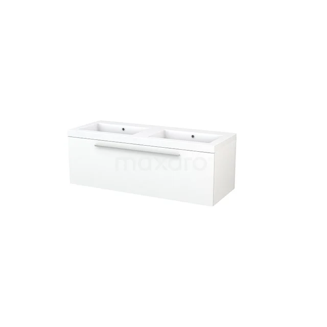 White, rectangular bathroom unit with double countertop wash basin, modern look, ideal for an organised bathroom.