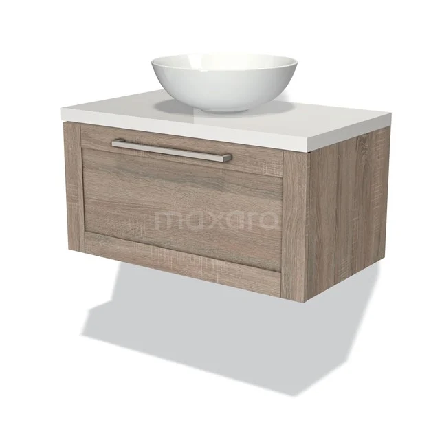 Wooden bathroom unit in oak look, with white ceramic bowl and soft-close drawers, suitable for modern bathroom interiors.