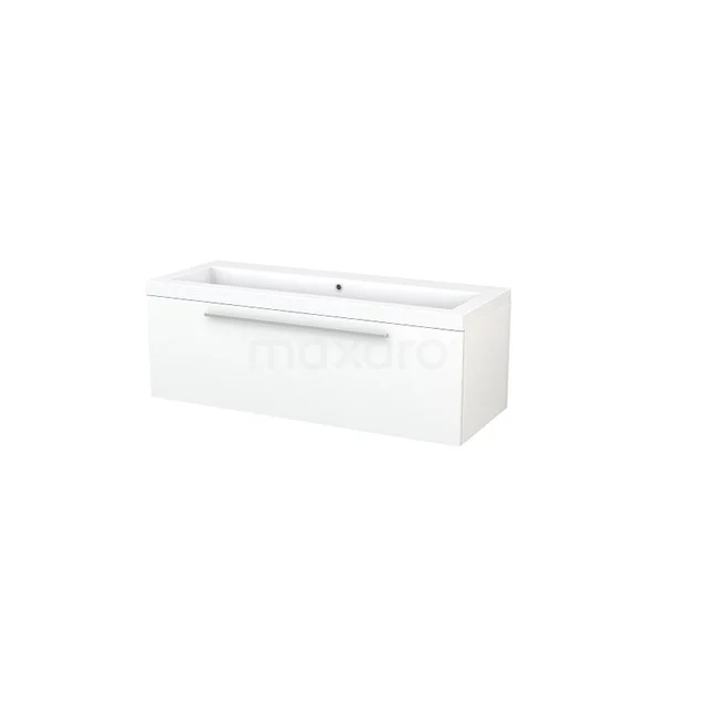 White bathroom unit with integrated vanity units with basin, minimalist design and narrow, modern handle.