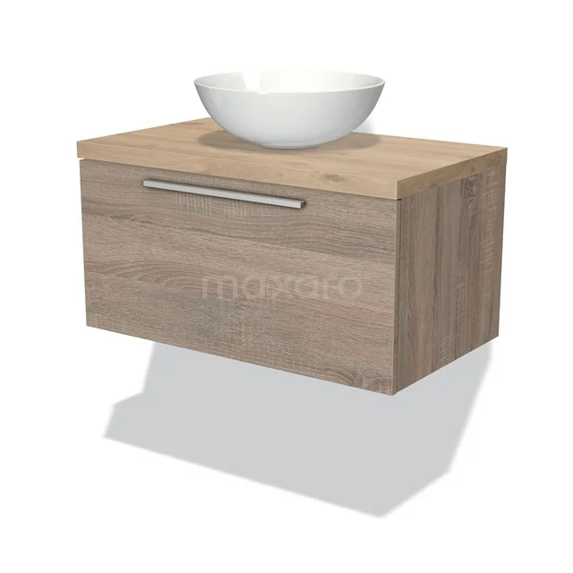 Holz-Badmöbel mit einer hellen Eiche-Oberfläche und einem weißen Aufsatzwaschbecken, ideal für einen modernen Badezimmerstil.