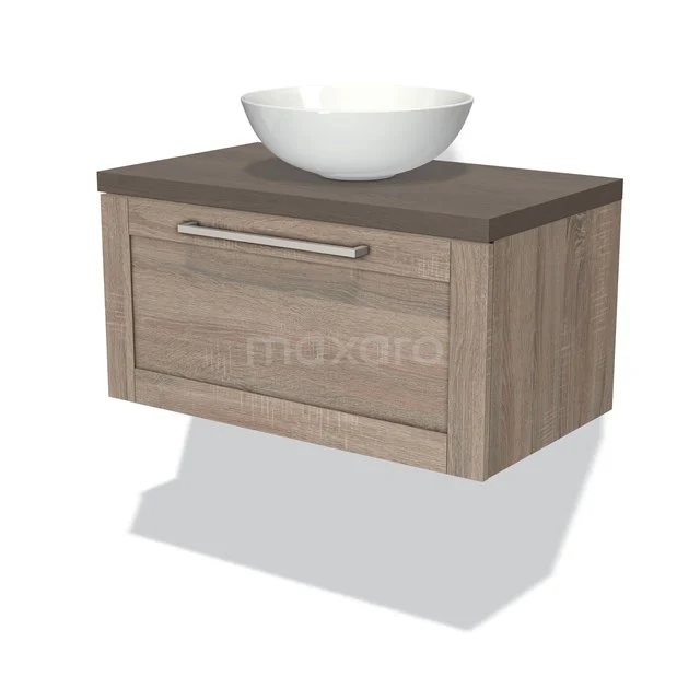 Modulo Plato Vanity units for countertop basin | 80 cm Oak Frame front Dark brown oak worktop 1 drawer BMK11-01110 Wooden bathroom unit with oak look, floating design and one drawer, fitted with modern white vanity units for countertop wash basin for stylish bathrooms.