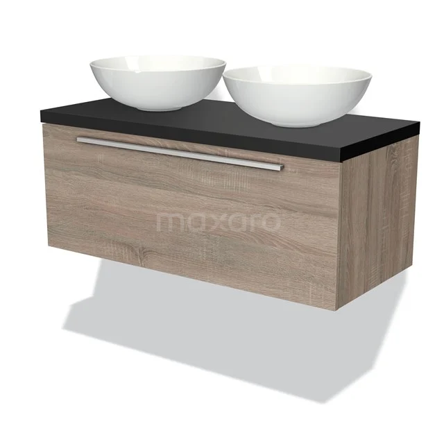 Hölzernes Badezimmermöbel mit zwei runden Aufsatzwaschbecken, schwarzer Platte und metallischem Haltegriff, modernes Design für ein stilvolles Badezimmer.