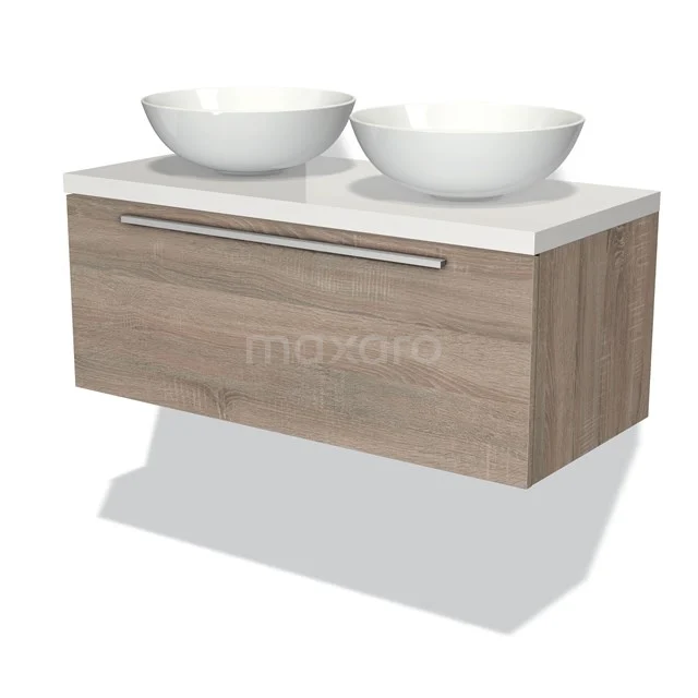 Holz-Badmöbel mit hängendem Doppel-Aufsatzwaschbecken, modernes Design und weißer Ausführung, perfekt für ein stilvolles Badezimmer.