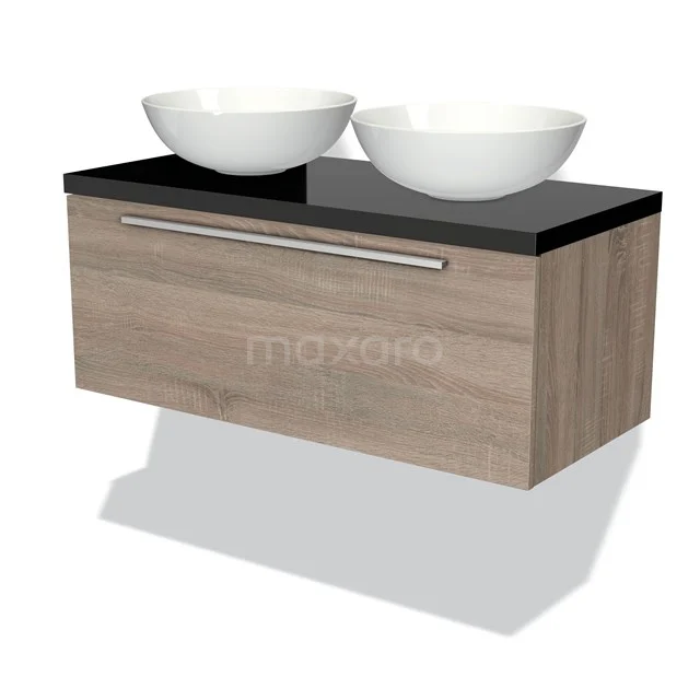 Badmöbel für Waschtischunterschrank mit Konsole 100cm Modulo Plato Eiche 1 Schublade Flach Hochglanz Schwarz Platte BMK11-01127 Hölzernes Badezimmermöbel mit zwei weißen Aufsatzwaschbecken, schwarzer Platte und Edelstahl Haltegriff, ideal für ein modernes Badezimmer.