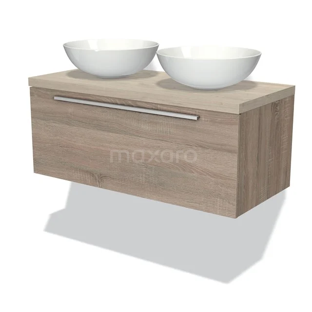 Holz Badezimmermöbel mit Schublade, hell Eiche, ausgestattet mit zwei weißen Aufsatzwaschbecken; modernes Design für das Badezimmer.