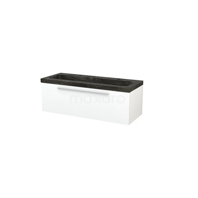White bathroom unit with black basin, hanging design, modern and compact, ideal for small bathrooms.