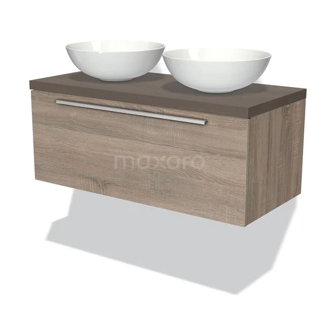 Badmöbel mit Aufsatzwaschbecken 100cm Modulo Plato Eiche 1 Schublade flach dunkelbraune Eiche Platte BMK11-01135 Holz Badezimmermöbel mit Doppelwaschbecken, modernes schwebendes Design und Metallgriffe, geeignet für Badezimmerlagerung.
