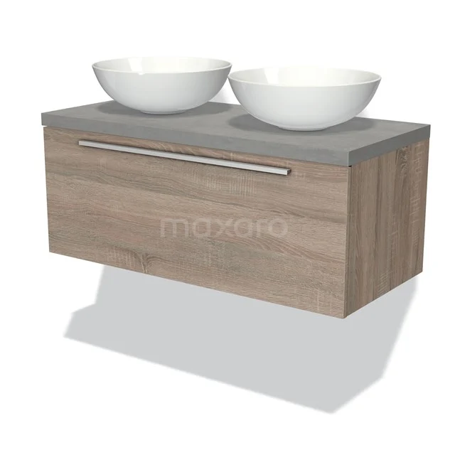 Hölzernes Badezimmermöbel mit Beton-Look Platte, zwei weißen Aufsatzwaschbecken und einem metallenen Haltegriff, perfekt für moderne Bäder.
