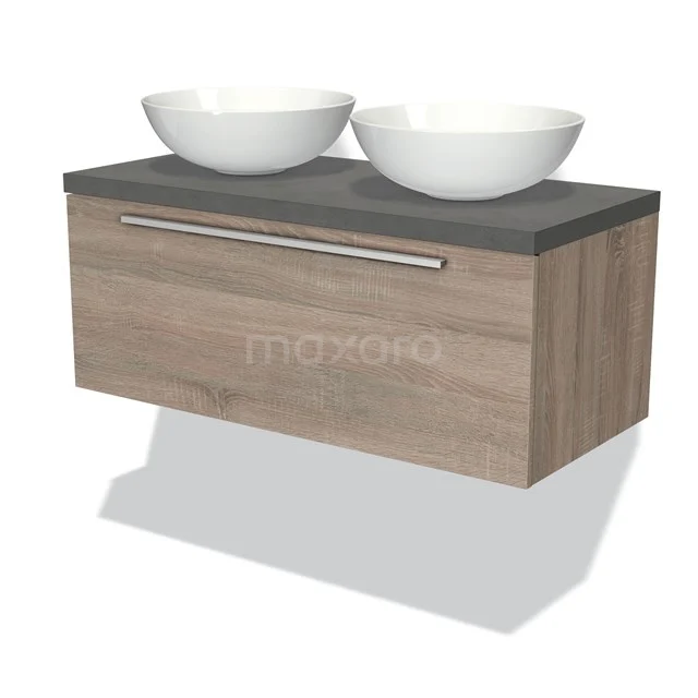 Hölzernes Badezimmermöbel mit doppelten weißen Aufsatzwaschbecken, grauer Platte, modernem Design und chromfarbigem Haltegriff, ideal für jedes Badezimmer.