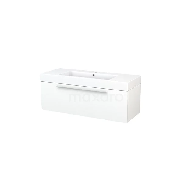 White floating bathroom unit with integrated vanity units with basin, sleek design and single drawer with metal handle.