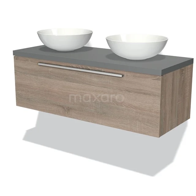 Modulo Plato Vanity units for countertop basin | 120 cm Oak Flat front Mid grey worktop 1 drawer BMK11-01145 Wooden bathroom unit with floating design, grey worktop and double white porcelain countertop wash basins, suitable for modern bathrooms.