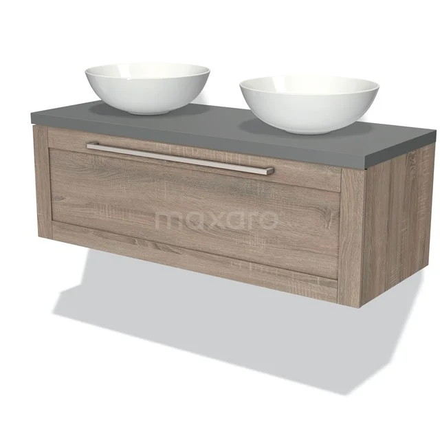 Wooden bathroom unit with grey top and two white surface-mounted basins, modern look, wall-mounted.