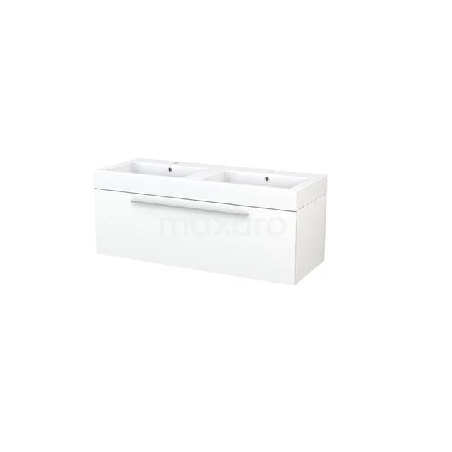 Double basin in white with glossy lower cabinet, ideal for modern bathrooms, clean design and ample storage.