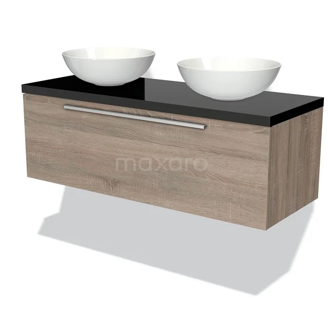 Holz-Badmöbel mit doppeltem schwarzen Waschbecken und keramischen Schalen, modernes Design, ideal für stilvolle Bäder.