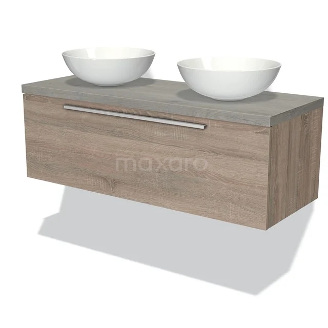 Wooden bathroom unit with grey basin worktop, two white surface-mounted bowls and a metal Handle, ideal for modern bathrooms.