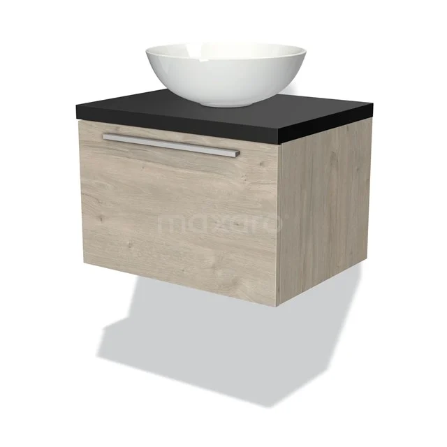 Holz-Waschbeckenunterschrank mit Schublade, schwarzer Steinplatte und runder weißer Aufsatzwaschbecken, perfekt für einen modernen Badezimmerstil.