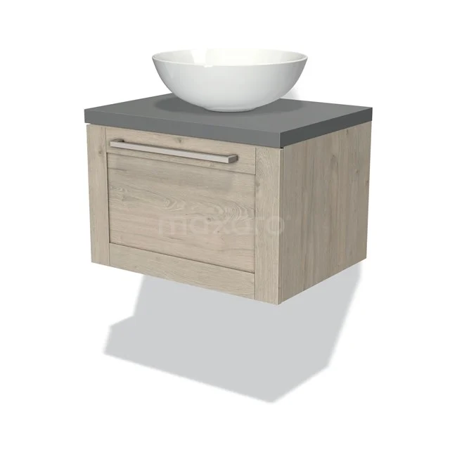 Modulo Plato Badmöbel mit Aufsatzwaschbecken | 60 cm Hellgraue Eiche Rahmen front Mittelgrau blatt 1 Schublade BMK11-01172 Holz-Badmöbel mit hängendem Design, graue Platte und runder weißer Aufsatzwaschbecken, ideal für ein modernes Badezimmer.