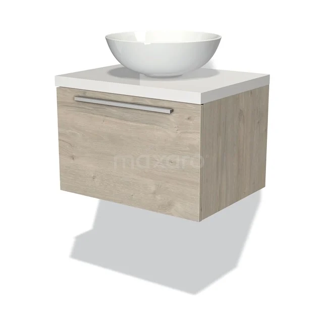 Holz Badmöbel mit Schublade und weißem Aufsatzwaschbecken, modernes schwebendes Design, ideal für kompakte Badezimmereinrichtungen.