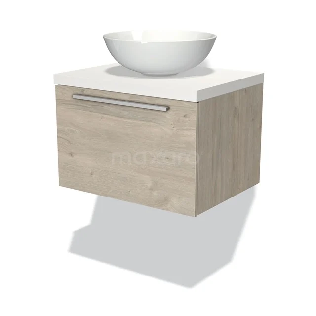 Holz-Badmöbel mit weißem Aufsatzwaschbecken, schwebendes Design, minimalistische Ausstrahlung, ideal für moderne Bäder.