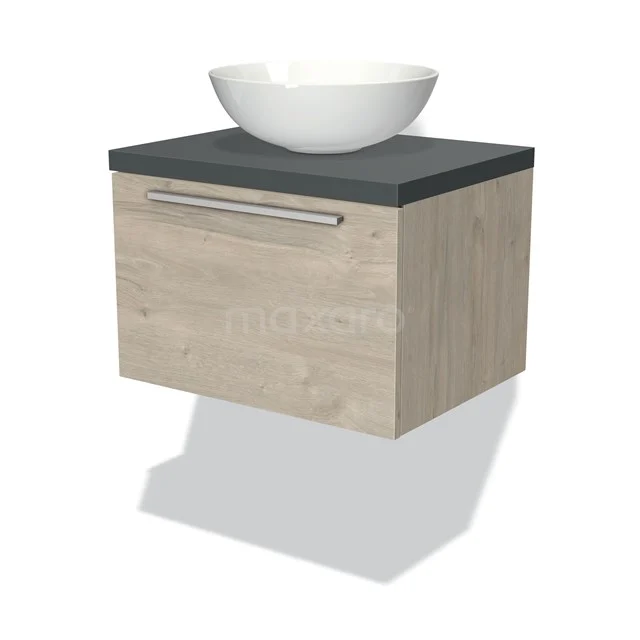 Hochglanz hängendes Badezimmermöbel mit grauer Platte, weißem Aufsatzwaschbecken und metallischem Haltegriff, modernes Design für kompakte Bäder.