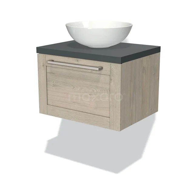 Holz Badmöbel mit einer grauen Platte und weißem Aufsatzwaschbecken, hängendes Design, ideal für moderne Bäder.