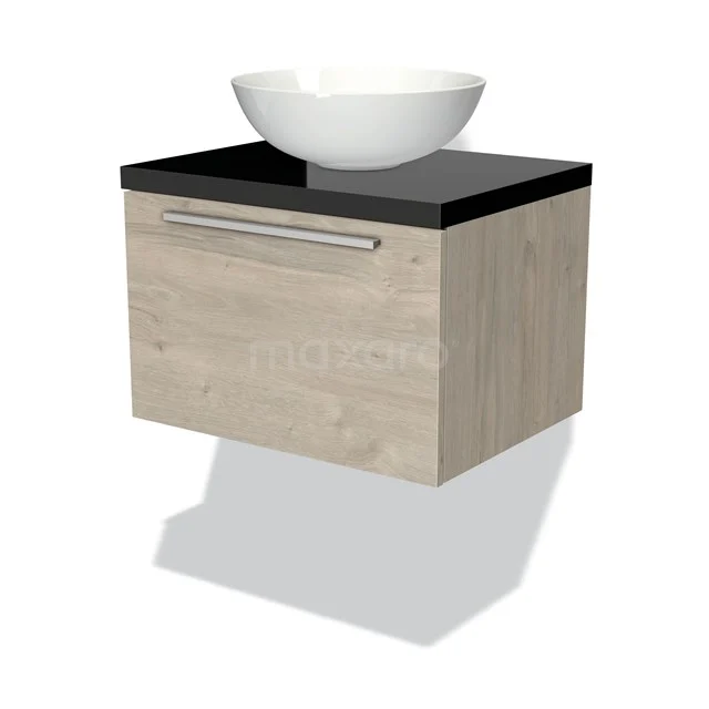 Hängendes Badmöbel mit schwarzer Waschtischplatte, Holzoptik-Schublade und weißem rundem Aufsatzwaschbecken, ideal für ein modernes Badezimmer.