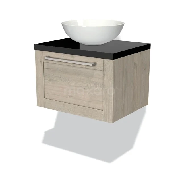 Wooden bathroom cabinet with black top plate, white countertop basin and drawer with black metal handle for modern bathroom style.