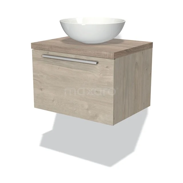 Modulo Plato Badmöbel mit Aufsatzwaschbecken | 60 cm Hellgraue Eiche Flach front Eiche blatt 1 Schublade BMK11-01181 Holzmöbel mit Naturlook, Metallgriff und weißem Aufsatzwaschbecken, ideal als kompaktes Badezimmermöbel.