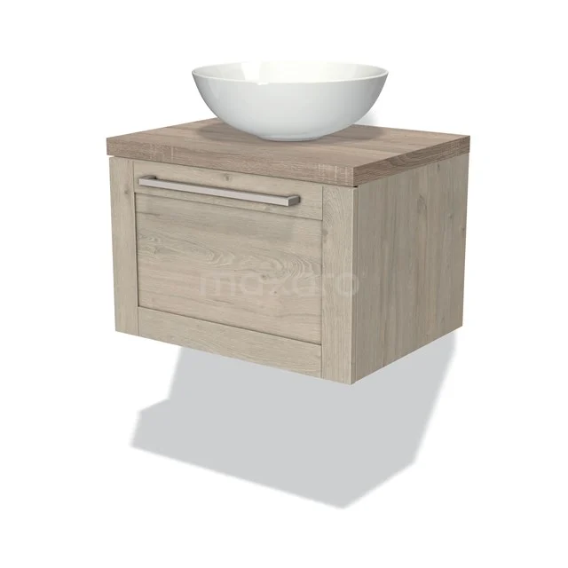 Wooden bathroom unit with drawers, natural colour, and on top a stylish round white countertop wash basin, ideal for modern bathrooms.