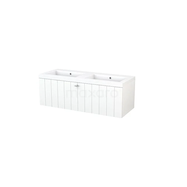 White bathroom unit with double basin, wood-look panels and modern finish, ideal for extra storage space.
