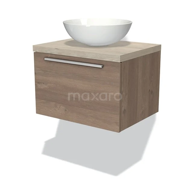 Badmöbel für Waschtischunterschrank mit Konsole 60cm Modulo Plato mittelbraune Eiche 1 Schublade Flach hellgraue Eiche Platte BMK11-01391 Holz-Waschbeckenunterschrank mit beiger Oberfläche, einschließlich weißer Keramikschüssel für einen modernen Badezimmerstil.