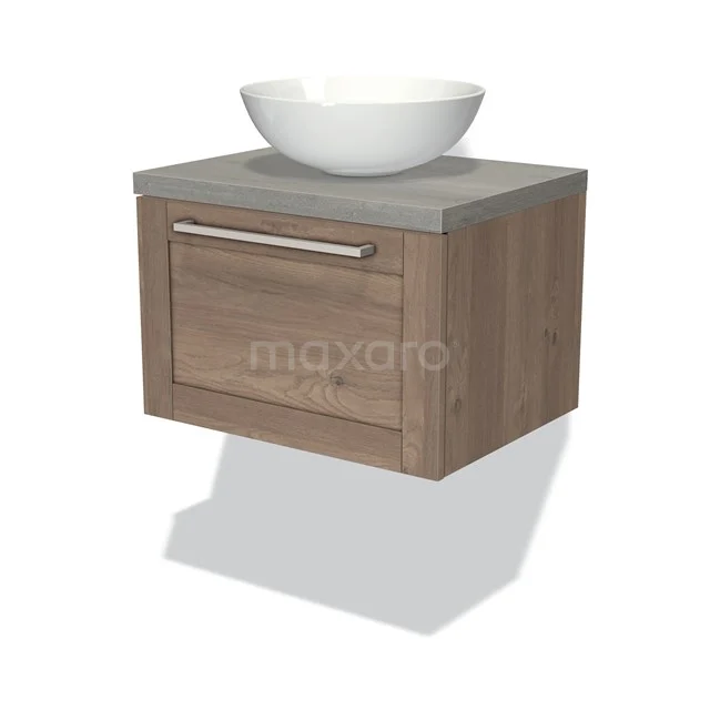 Wooden bathroom unit with grey basin worktop and white round countertop wash basin, sleek design and modern look.