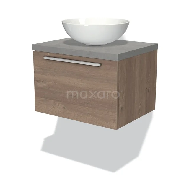 Modulo Plato Badmöbel mit Aufsatzwaschbecken | 60 cm Mittelbraune Eiche Flach front Hellgrauer Beton blatt 1 Schublade BMK11-01399 Holz-Badmöbel mit grauer Waschtischplatte und keramischer Schüssel, kompaktes hängendes Design für moderne Bäder.