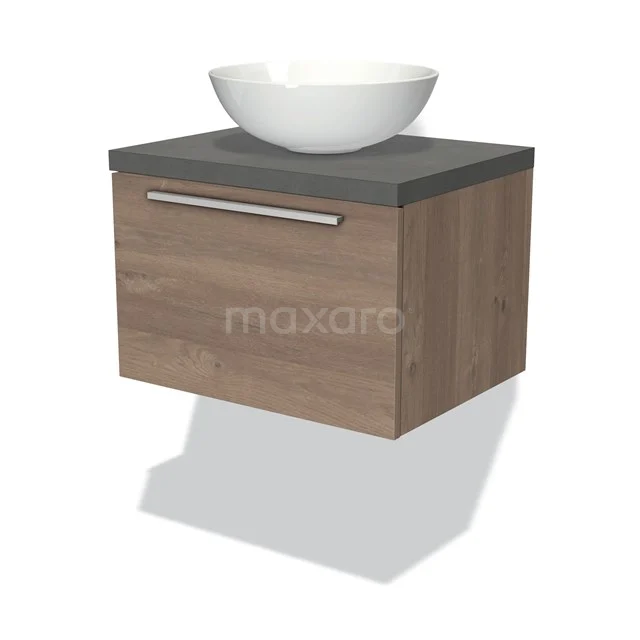 Badmöbel für Waschtischunterschrank mit Konsole 60cm Modulo Plato Mittelbraune Eiche 1 Schublade Flach Dunkelgrauer Beton Platte BMK11-01401 Holz Badmöbel mit Dunkelgrau Platte und weißen Waschbecken, modernes Design, ideal für stilvolle Badezimmergestaltung.