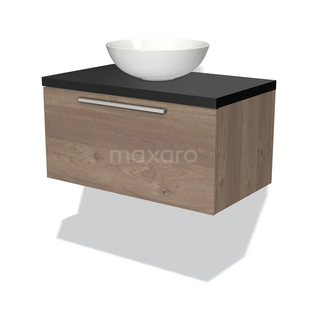 Modulo Plato Vanity units for countertop basin | 80 cm Mid brown oak Flat front Matte black worktop 1 drawer BMK11-01403