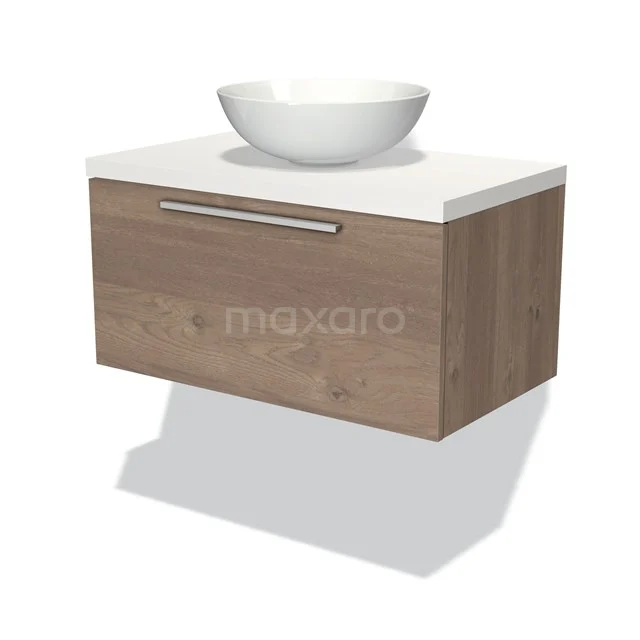 Hängendes Badmöbel mit Waschbecken, Eichenholzoptik, modernes Designserie, weißer Oberplatte und integrierter Schublade.