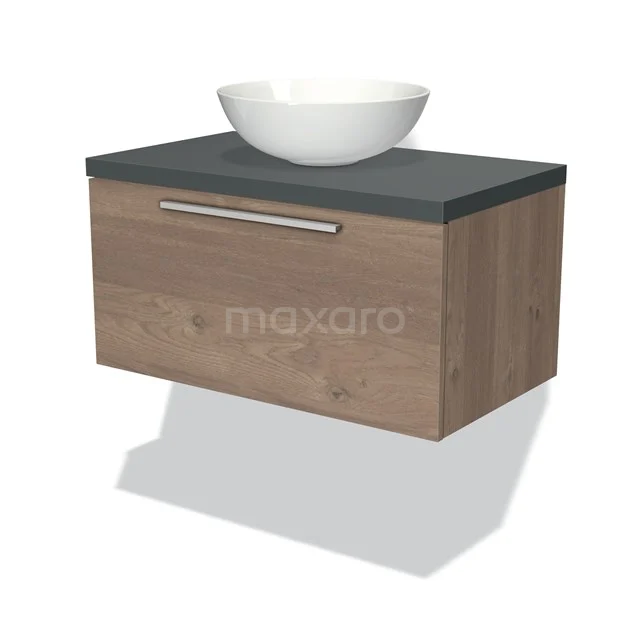 Hölzernes Badezimmermöbel mit grauer Platte und weißem rundem Aufsatzwaschbecken, straffes Design, ideal für moderne Bäder.